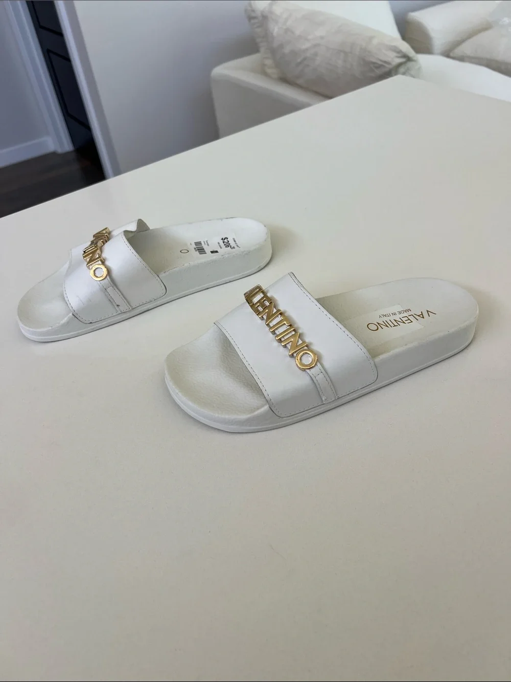 Valentino white leather open toe pool slides sandals with gold tone lettering 5
